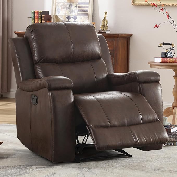 Brown Recliner Chair, Single Overstuffed Sofa Recliners, Breathable Faux Leather Manual Reclining Chairs with Hidden Cup Holder, Arm and Back for Adults, Living Room, Bedroom, Dark Brown