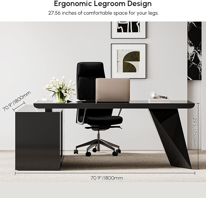 homary 70.9" Modern L-Shape Executive Desk, Home Office Desk with Drawers & Cabinet Modern Computer Desk for Home Business Furniture, Black, Right Hand