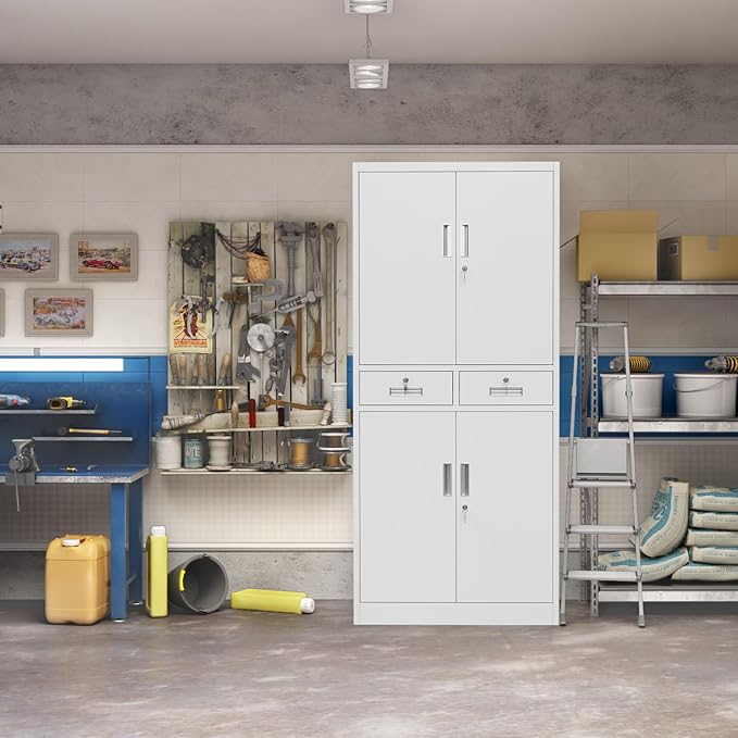 Metal Storage Cabinet, 71 Inch Tall Metal Storage Cabinet with Doors and Shelves, Pantry Cabinets with 2 Drawers for Kitchen Storage, Garage Cabinet for Living, Dining Room, Assemble Required
