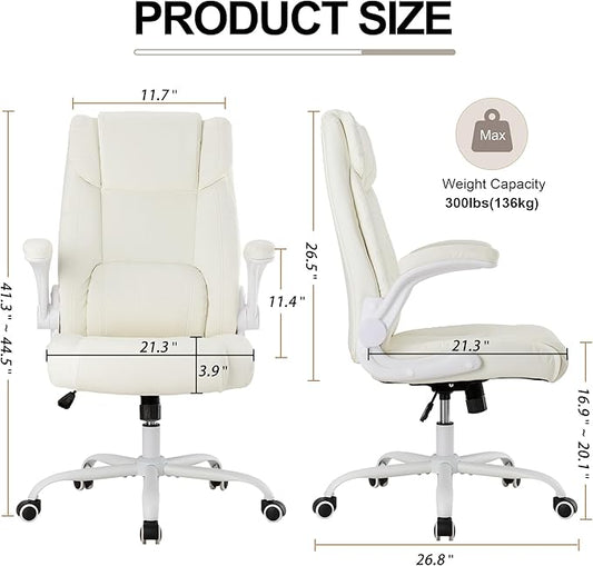 Office Desk Chair,Ergonomic Conference Room Chairs,Mid Back Executive Leather Chair,Comfy Computer Desk Chairs with Adjustable Flip-Up Arms and Rocking Function (Beige)