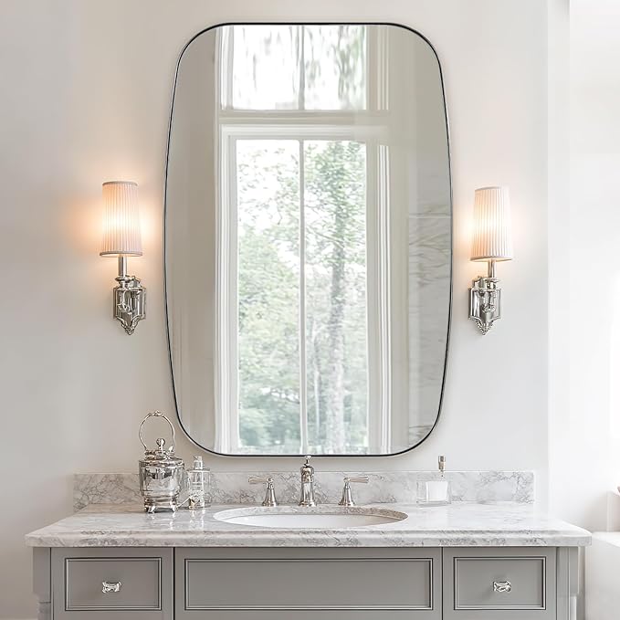ANDY STAR 32x48 Chrome Bathroom Mirror, Oblong Silver Mirror with Stainless Steel Metal Frame, Oval Vanity Mirror for Over Sink, Modern Anti Rust Wall Mounted