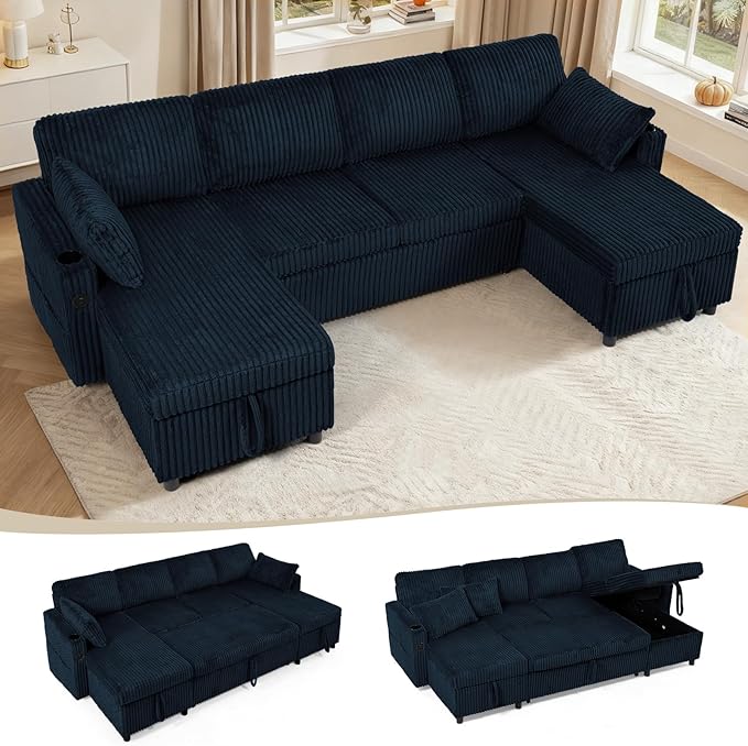 110" Corduroy Pull Out Sofa Bed w/Adjustable Backrests, Sectional U-Shape Sleeper Sofa w/Storage Chaise, Convertible Couch Bed w/USB Charging Port & Cup Holders for Living Room, House, Blue