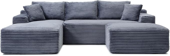 108 Inch Cloud Sectional Couch,Modern Modular Sectional Sofa with Deep Seat,Corduroy Boneless Couches with L-Shape Chaise for Living Room,No Assembly Required (Grey, Left Facing Chaise + Ottoman)