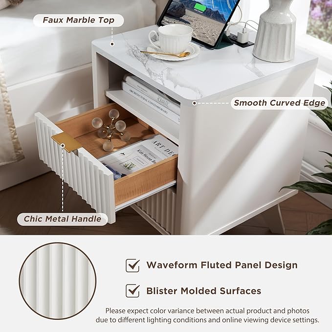 T4TREAM Fluted Nightstand Set of 2 with Charging Station, 18" Modern SideTable with Faux Marble Top, 2 Drawer End Table w/Storage, Bedside Table for Bedroom, Living Room, Curved Profile, Solid White