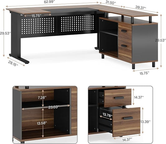 Tribesigns 63 Inch Executive Desk with File Cabinet, Large Office Desk L Shaped Computer Desk with Drawers and Storage Shelves, Business Furniture Desk Workstation for Home Office, Brown and Black