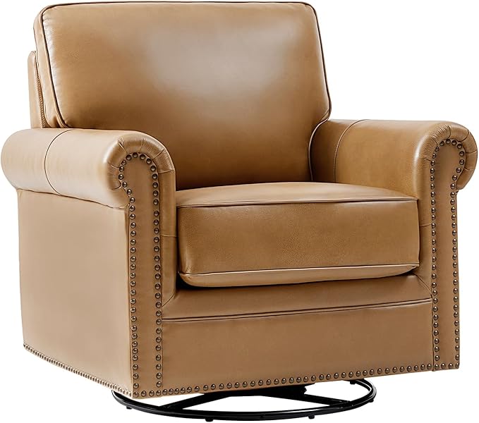HULALA HOME Swivel Accent Chair Genuine Leather Barrel Rocker Chair with Metal Base Transitional Armchair Padded Round Armrest, Camel