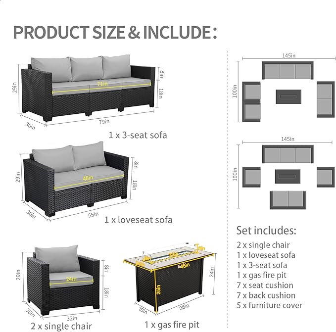 Rattaner 5 Pcs Outdoor Furniture Sets Patio Furniture Set with 45" Fire Pit Patio Couch Outdoor Chairs 60000 BTU Steel Propane Fire Pit Table No-Slip Cushions and Waterproof Covers, Light Grey