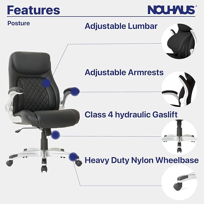 Nouhaus +Posture Ergonomic PU Leather Office Chair. Click5 Lumbar Support with FlipAdjust Armrests. Modern Executive Chair and Computer Desk Chair (Black)