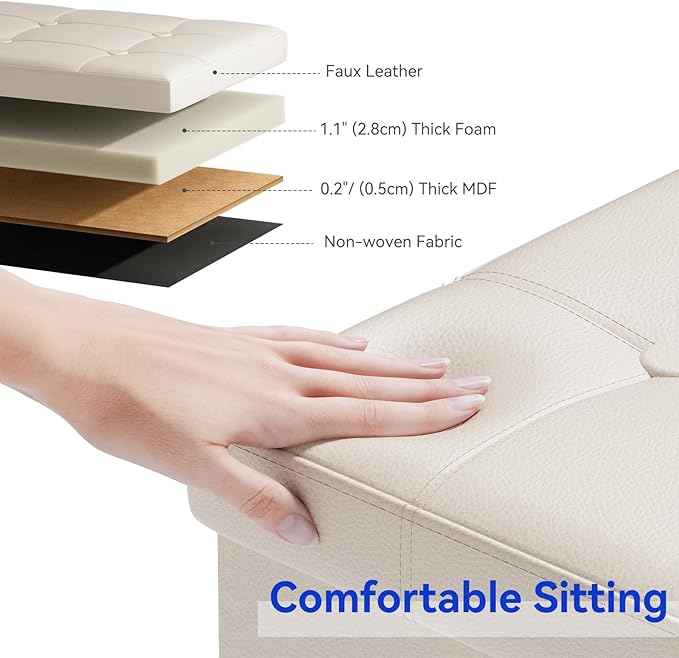BRIAN & DANY 30 Inches Storage Ottoman Bench, Faux Leather Ottoman with Storage, Folding Bench Shoe, Foot Rest Stool, for Living Room, Beige