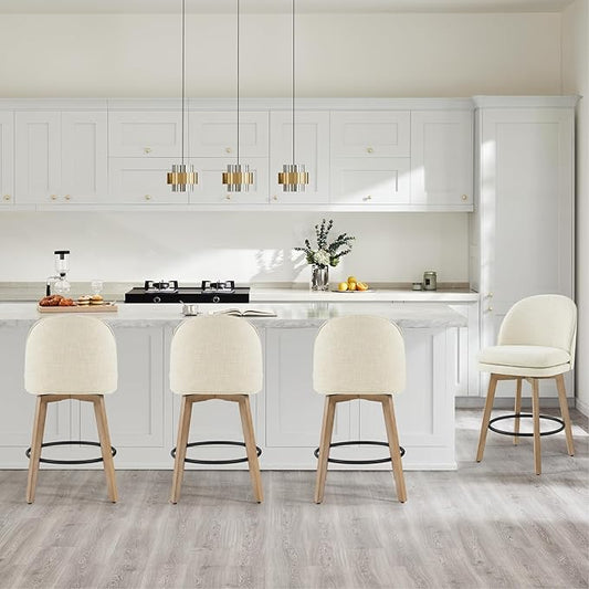 Counter Height Barstools 26 inch Upholstered Swivel Bar Stools with Back and Wood Legs for Kitchen Island,Set of 4,Linen Fabric-Armless