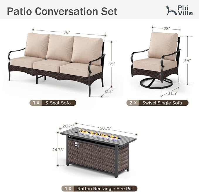 Patio Furniture Set with 56" Fire Pit Table, Premium Outdoor Wicker Metal Frame Furniture with Upgraded Waterproof Thick Cushions for Porch, Poolside, Deck, and Yard(4 Pieces,Beige