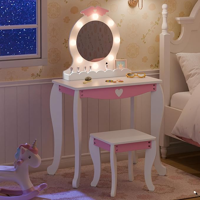 TOLEAD Girls Vanity with Lights, Mirror and Stool, Kids Make Up Vanity Set with Storage Space, Wing Pattern for Little Girls, Toddler Princess Makeup Dressing Table with Chair Set, White
