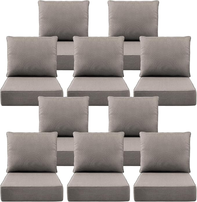 Luxury 6" Outdoor Cushions for Patio Furniture, 24x24x6" Thick Seat Cushion Set of 10, Fade Resistant Couch Chair Replacement Cushions High Density Deep Wicker Chair Cushion w/ Removable Cover Gray