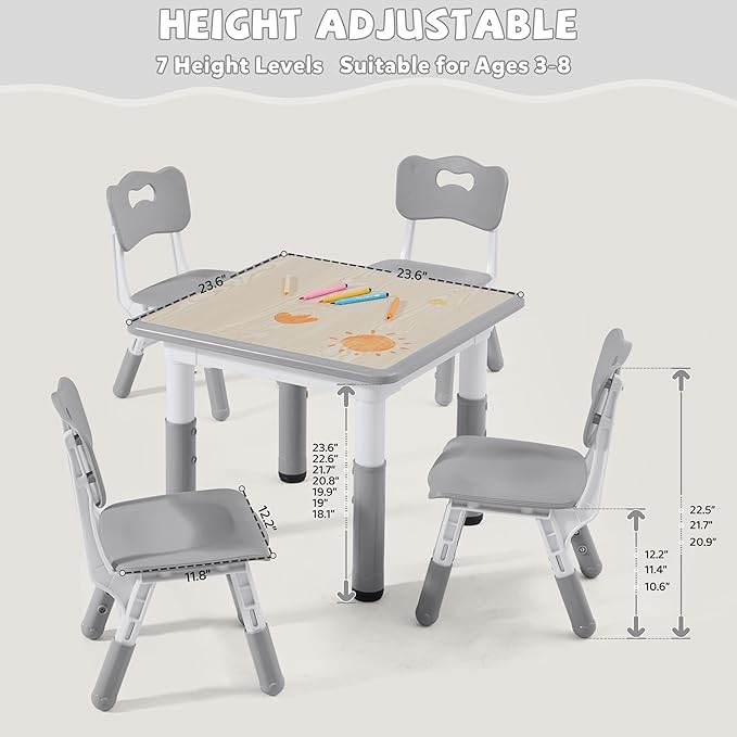 Adjustable Kids Table Chairs Set – Graffiti Desktop, Multi-Activity Height-Adjustable Toddler Study Desk for Ages 3-8 – Ideal for Home, Classroom, Daycare (W-Gray, 4 Chairs-23.6" L x 23.6" W)