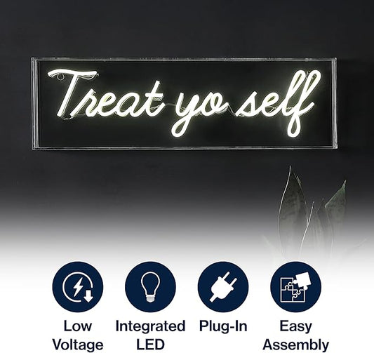 JONATHAN Y NEN1008A Treat Yo Self 20" Contemporary Glam Acrylic Box USB Operated LED Neon Light, Yellow Plug in Wall Light for Bedroom Wall Décor, Kids Bedroom, Party Supplier