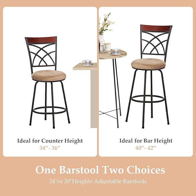 VECELO Bar Stools, 24/29" Adjustable Barstool,Swivel Counter Stool with Upholstered Seat,Steel Bistro Pub Chairs, Wood Top Backrest,Set of 2