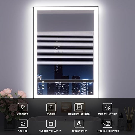 WTTY 28"X36" LED Bathroom Mirror with Black Frame, Bathroom Vanity Mirror with Lights for Wall, Front Light and Backlit, Anti-Fog, Dimmable, 3 Colors, Shatterproof, Memory, Horizontal/Vertical