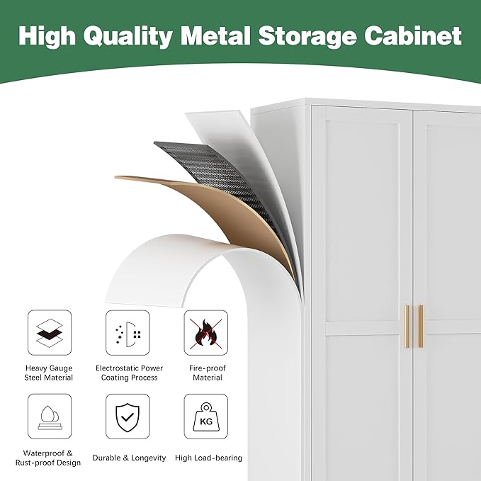 Bathroom Storage Cabinet Freestanding, 61" Tall Metal Cabinets with Doors and Shelves, White Metal Pantry Cabinet for Kitchen, Living Room, Home Office