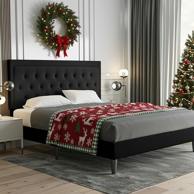 Allewie Full Size Upholstered Platform Bed Frame with Adjustable Headboard, Button Tufted, Wood Slat Support, Easy Assembly, Black