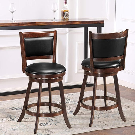 COSTWAY Bar Stools Set of 2, 360 Degree Swivel, Accent Wooden Swivel Seat Counter Height Bar Stool, Leather Upholstered Design, PVC Cushioned Seat, Perfect for Dining and Living Room (Height 24")