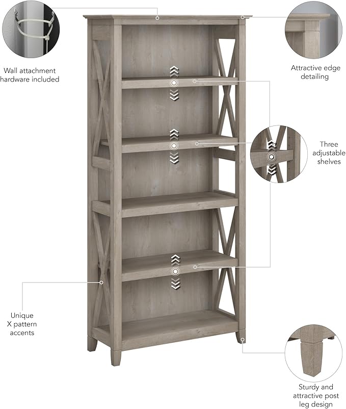 Bush Furniture Tall 5 Shelf Bookcase for Living Room or Home Office, Large Bookshelf, Modern Farmhouse Style, Key West Collection, Washed Gray