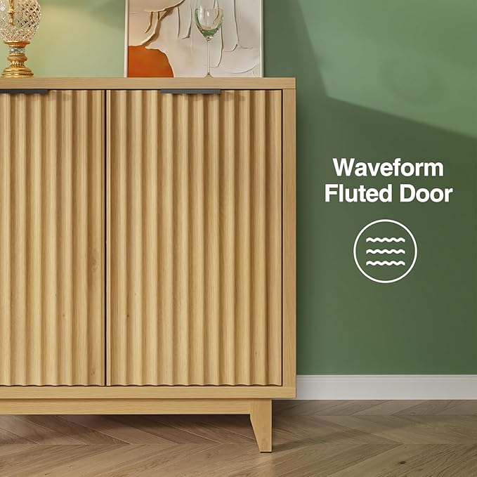 Fluted Cabinet with Storage, 2 Doors Sideboard Buffet, Mid Century Modern Accent Cabinet with Adjustable Shelves, Multifunctional Console Table with Storage for Living Room, Kitchen, Entryway