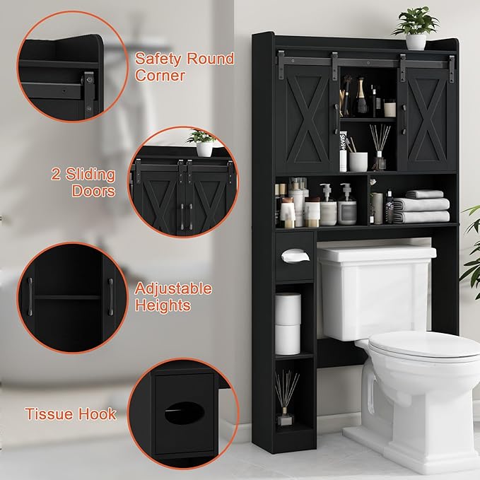 Vabches Over The Toilet Storage Cabinet, Farmhouse Storage Cabinet Over Toilet with Sliding Doors & Toilet Paper Holder Stand,Home Space-Saving Toilet Rack, for Bathroom, Laundry and Restroom.Black