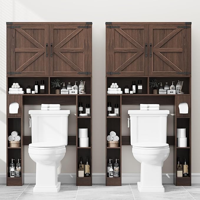 Over The Toilet Storage Cabinet, Farmhouse Storage Cabinet Over Toilet with 2 Barn Doors ,Toilet Paper Holder Stand,Home Space-Saving Toilet Rack, for Laundry, Restroom, Bathroom.Espresso