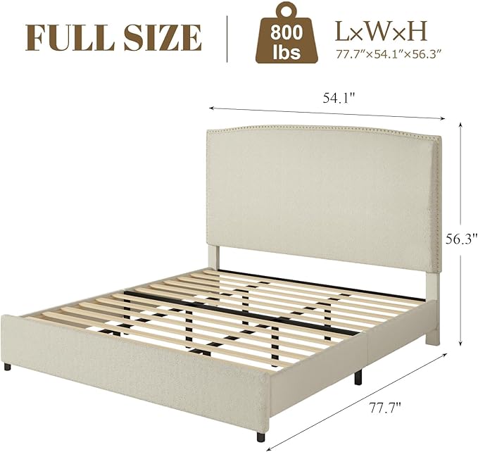 Full Size Bed Frame with Headboard, 56" Upholstered Platform Bed with Nailhead Trim, Soft Boucle Fabric, No Box Spring Needed, Easy Assembly, Cream