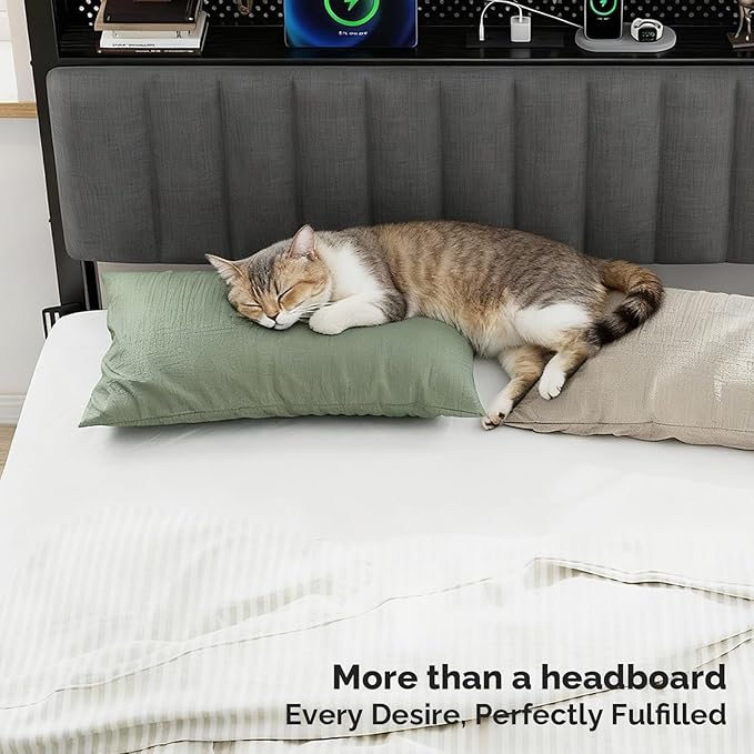 VINGLI Full Size Headboard Only, Adjustable Upholstered Headboard with 3 Tier Shelves and Pegboard with Charging Stations and LED Lights, Modern Bed Headboard with Storage for Bedroom Decor