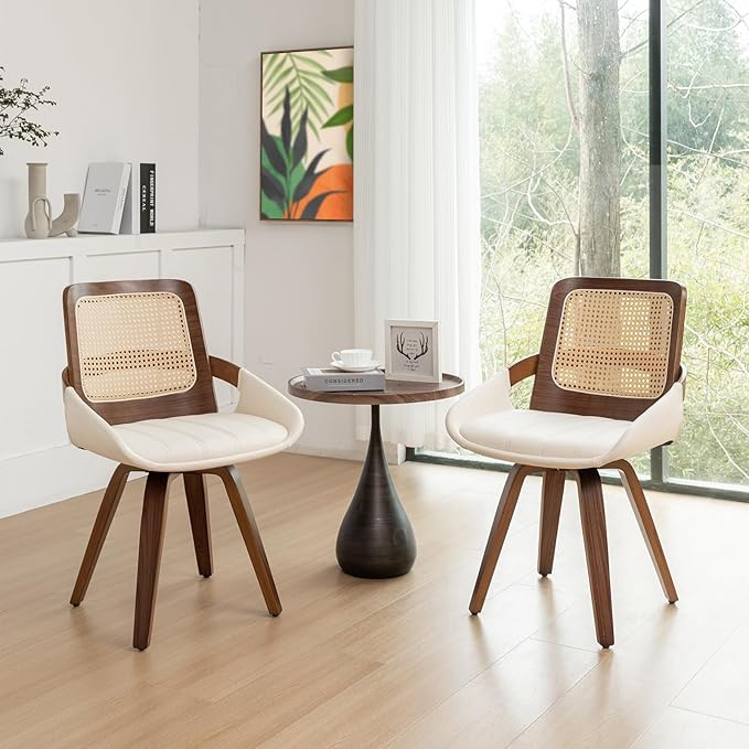 Set of 2 Swivel Rattan Dining Chairs - Walnut Dining Chairs with Bentwood Frame with Ergonomic Cane Back, Curved Arms, MCM Ideal for Kitchen/Conference/Restaurant/Living Room (Walnut Beige)