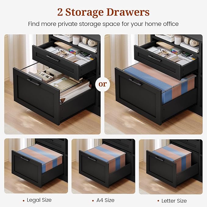 L Shaped Desk, 55" Reversible Office Desk with File Drawers & Storage Shelves, Modern Executive Desk with Power Outlets, Pegboard, 6 Hooks, Rotating Corner Computer Desk for Home Office, Walnut