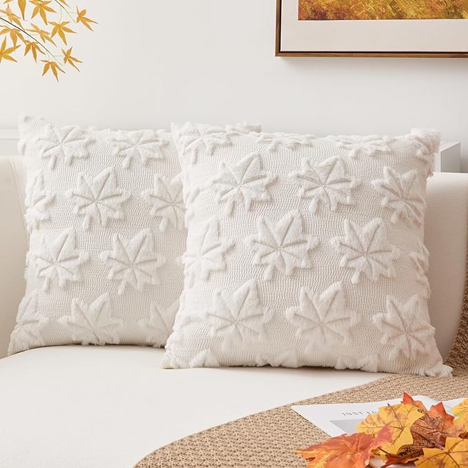 Kevin Textile Maple Leaf Pillow Covers 18x18 Inch Set of 2 Fallen Leaves Embroidery Decor Soft Plush Faux Fur Throw Pillows Pillowcases for Holiday Harvest Decor Sofa Couch Bedroom, Cream White