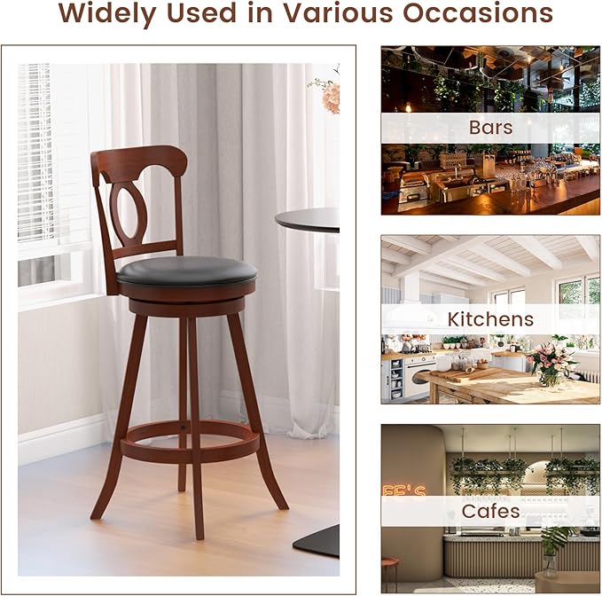 COSTWAY Bar Stools Set of 2, 30 Inch Swivel Bar Height Chairs with Ergonomic Back & Footrest, Vintage Wooden Barstool Set for Kitchen Island, Pub, Bistro, Café, Espresso (2, 30 Inch)