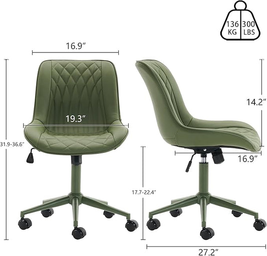YOUNIKE Home Office Desk Chair with Wheels Armless Vanity Chair with Back Comfy Modern Leather Upholstered Rolling Task Chair Swivel Small Cute No Arms Wide Adjustable Ergonomic All Green