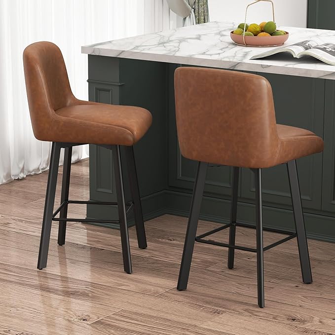 Swivel Bar Stools Set of 6, 26''H Upholstered Barstools with Backs, Modern Counter Height Bar Stool Chairs for Kitchen Island, Metal Legs, Faux Leather, Brown Counter Stools