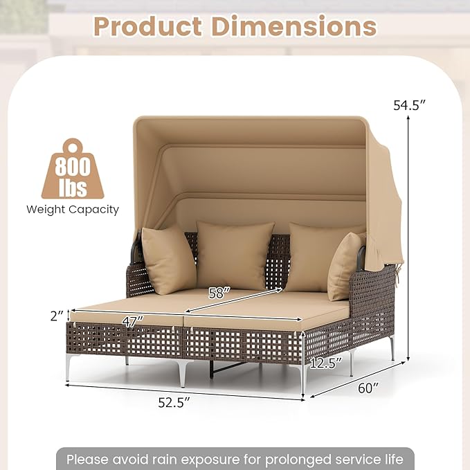 HAPPYGRILL Outdoor Daybed with Retractable Canopy, PE Wicker Rattan Patio Double Chaise Lounger with Cushions, Outside Sunbed Furniture for Garden, Poolside and Backyard (Beige)