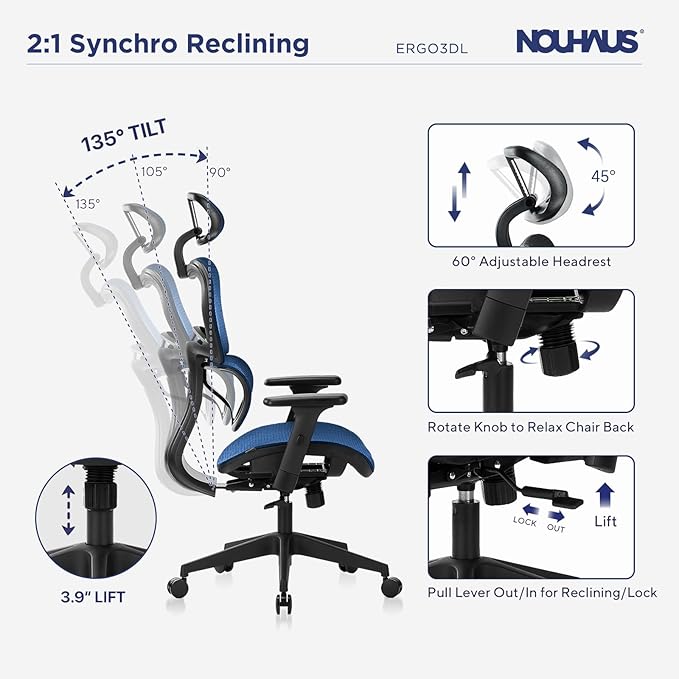 Nouhaus Ergo3dL Home Office Desk Chairs Ergonomic Office Chair High-Back Mesh Rolling Work Chairs with Wheels and Adjustable Headrests Comfortable Lumbar Support Adjustable Armrests,Navy Blue