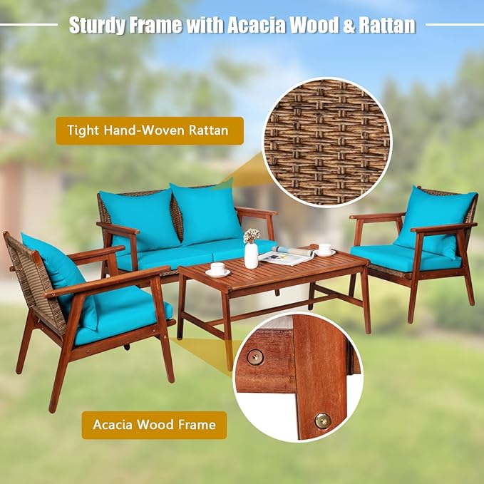 COSTWAY 4 Pieces Acacia Wood Patio Conversation Set, Outdoor Wicker Sofa with Coffee Table & Cushions, Patio Rattan Furniture Set for Yard, Porch, Poolside, Balcony, Backyard, Turquoise