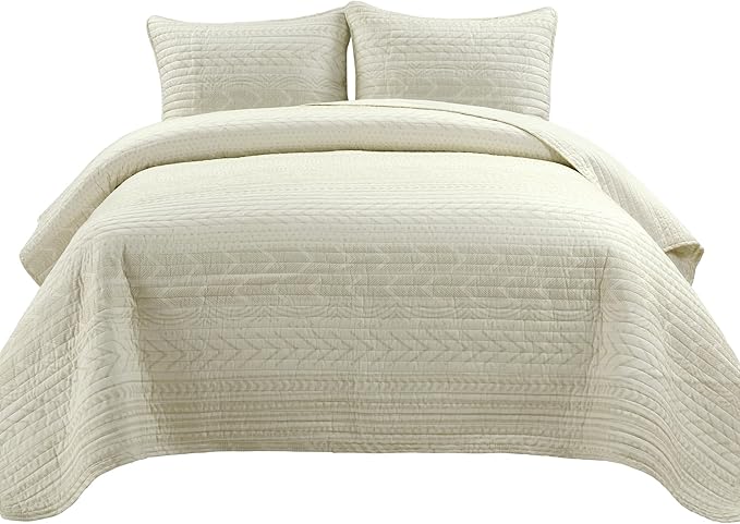 Lush Decor Hygge Geo Pattern Striped 3 Piece Quilt Bedding Set, King, Ivory
