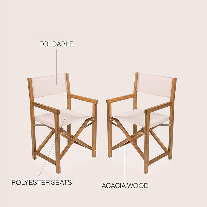 JONATHAN Y DRC1000B-SET2 Cukor Classic Vintage Outdoor Acacia Wood Folding Director Chair with Canvas Seat Classic, Vintage, Mid-Century, Modern, Traditional, Coastal, Beige/Teak Brown (Set of 2)