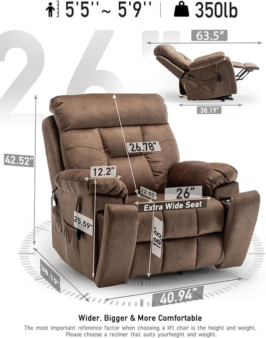 Large Power Lift Chairs Recliners for Elderly with Heated and Massage, Lazy Boy Recliner Chair with 26in Extra Wide Seat, Hidden Cup Holder, Side Pocket