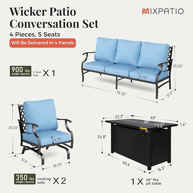 Patio Furniture Set with Firepit Table, 4 Pcs Metal Outdoor Conversation Set, 2 Rocking Chairs and 3 Seater Sofa with 5.75" Extra Thick Cushion and Gas Fire Pit Table for Backyard Deck, Blue