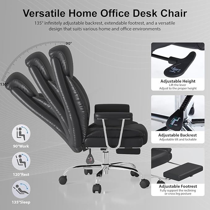 Big and Tall Office Chair, Executive Home Office Desk Chair, Comfy Leather High-Back Reclining Computer Chair with Retractable Footrest and Padded Arms, 360°Swivel Rolling Wheels, Wide Seat, Black