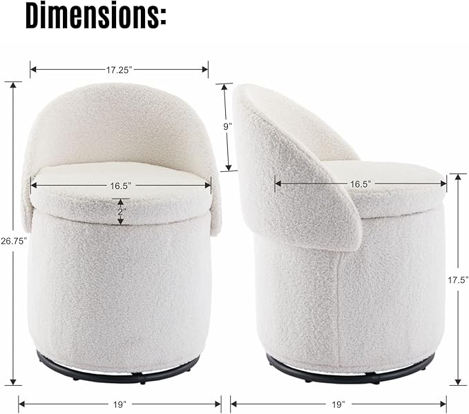 LukeAlon Sherpa Makeup Ottoman with Storage, Upholstered 360° Swivel Vanity Stool with Foldable Backrest Modern Cylindrical Footrest Stool for Living Room Bedroom, White