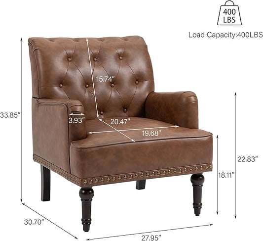 Pia Ricco PU Leather Accent Chair: Modern Nailhead Trim Armchair with Wooden Legs - Upholstered Reading Seat for Office, Living Room, Bedroom-Brown