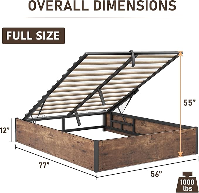Lift Up Storage Bed Frame, Full Size Wooden Platform Bed with Large Storage Underneath, No Box Spring Needed, Noise Free, Rustic Brown