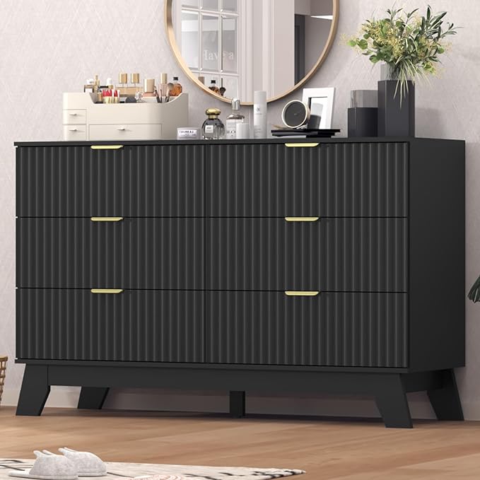 Fluted Dresser for Bedroom,6 Drawer Dresser for Closet,Storage Cabinet and Chest of Drawers with Gold Handle,TV Stand,Storage Organizer for Living Room,Hallway,Entryway,Black