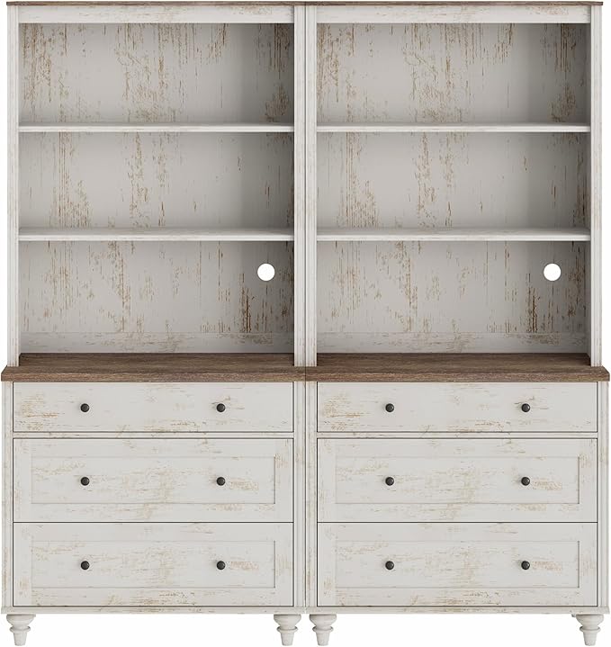 WAMPAT 3 Tier Bookshelf with 3 Drawers, 72" Tall Bookcase Large Farmhouse Display Book Case Shelf with 3-Tier Open Book Shelfs,Library Wood Bookshelves for Living Room,Kitchen, Rustic White (2PCS)