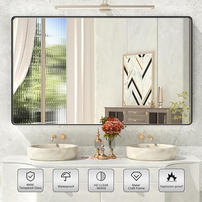 60x36 Inch Black Mirror for Bathroom,Large Matte Black Vanity Mirror,Round Corner Black Rectangle Metal Frame Mirror for Wall,Tempered Glass,Anti-Rust(Horizontal/Vertical)